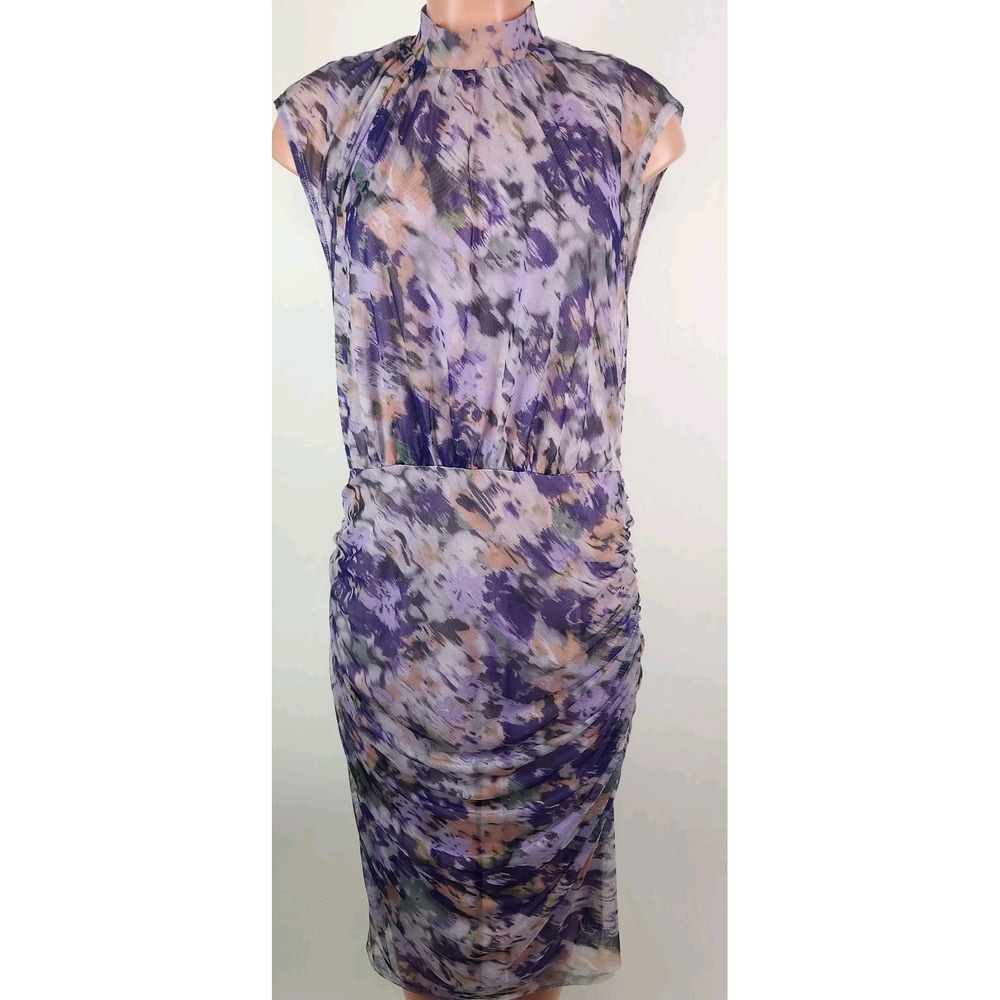 Chicos Purple Abstract Print Mesh Ruched Midi Dress Size 2 Mock Neck Cocktail